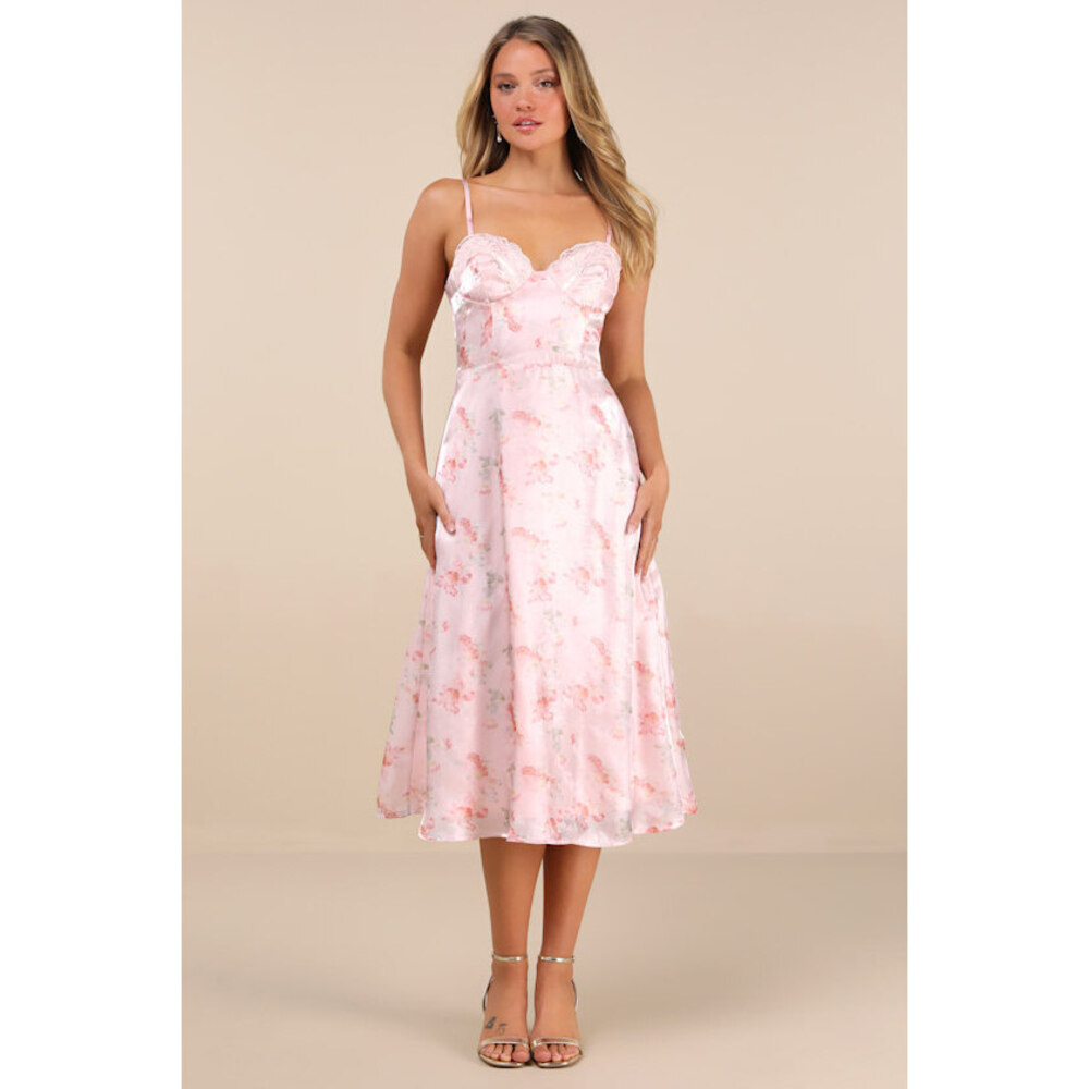 Lulus Selini Blush Pink Floral Satin Bustier Backless Midi Dress - Size S